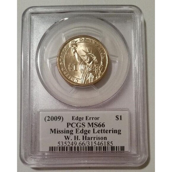 PCGS 2009 W H Harrison Presidential Dollar Error Missing Edge Lettering MS66 Moy - Picture 2 of 2
